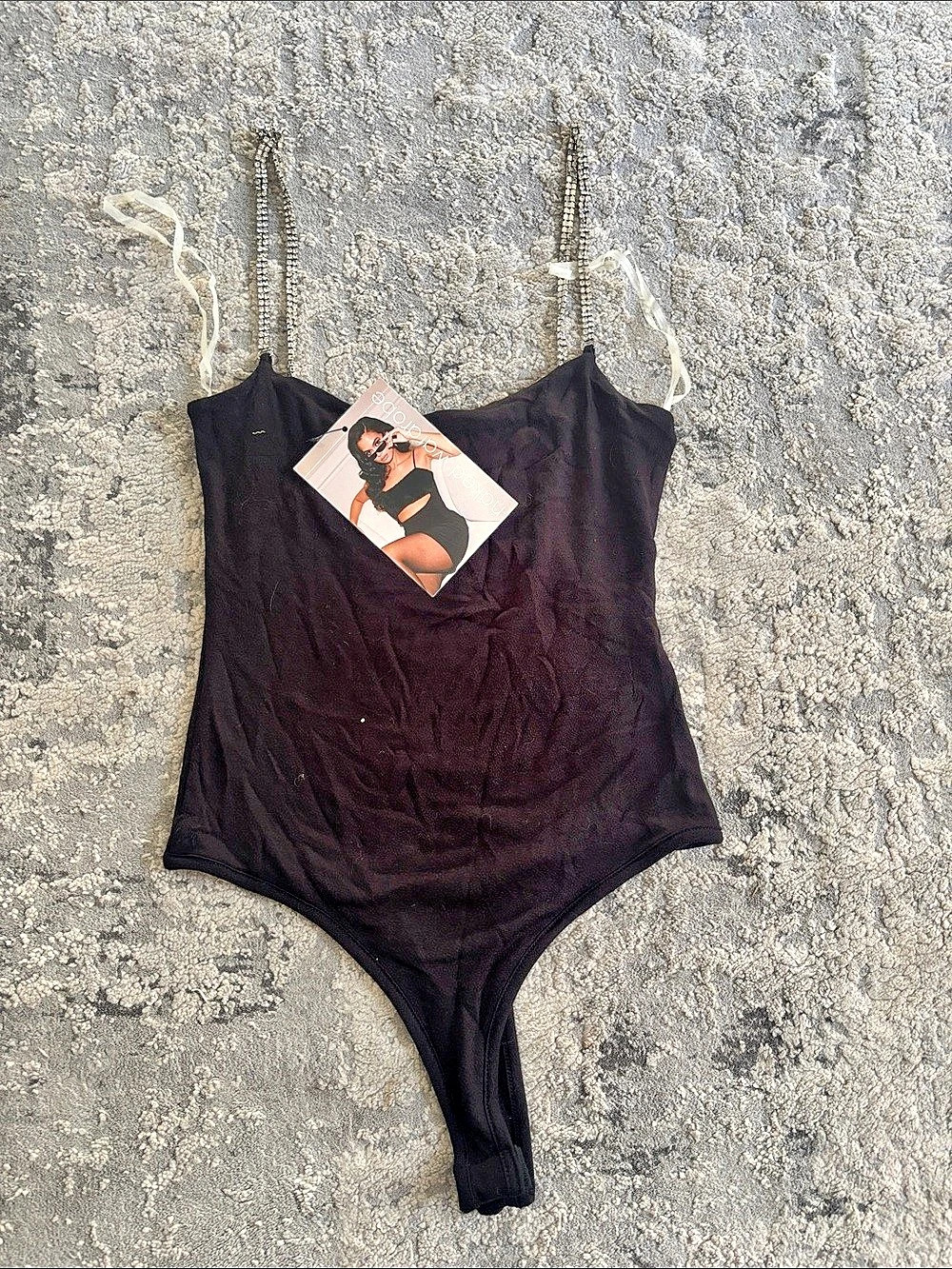 Naked Wardrobe Black Rhinestone Strap Bodysuit